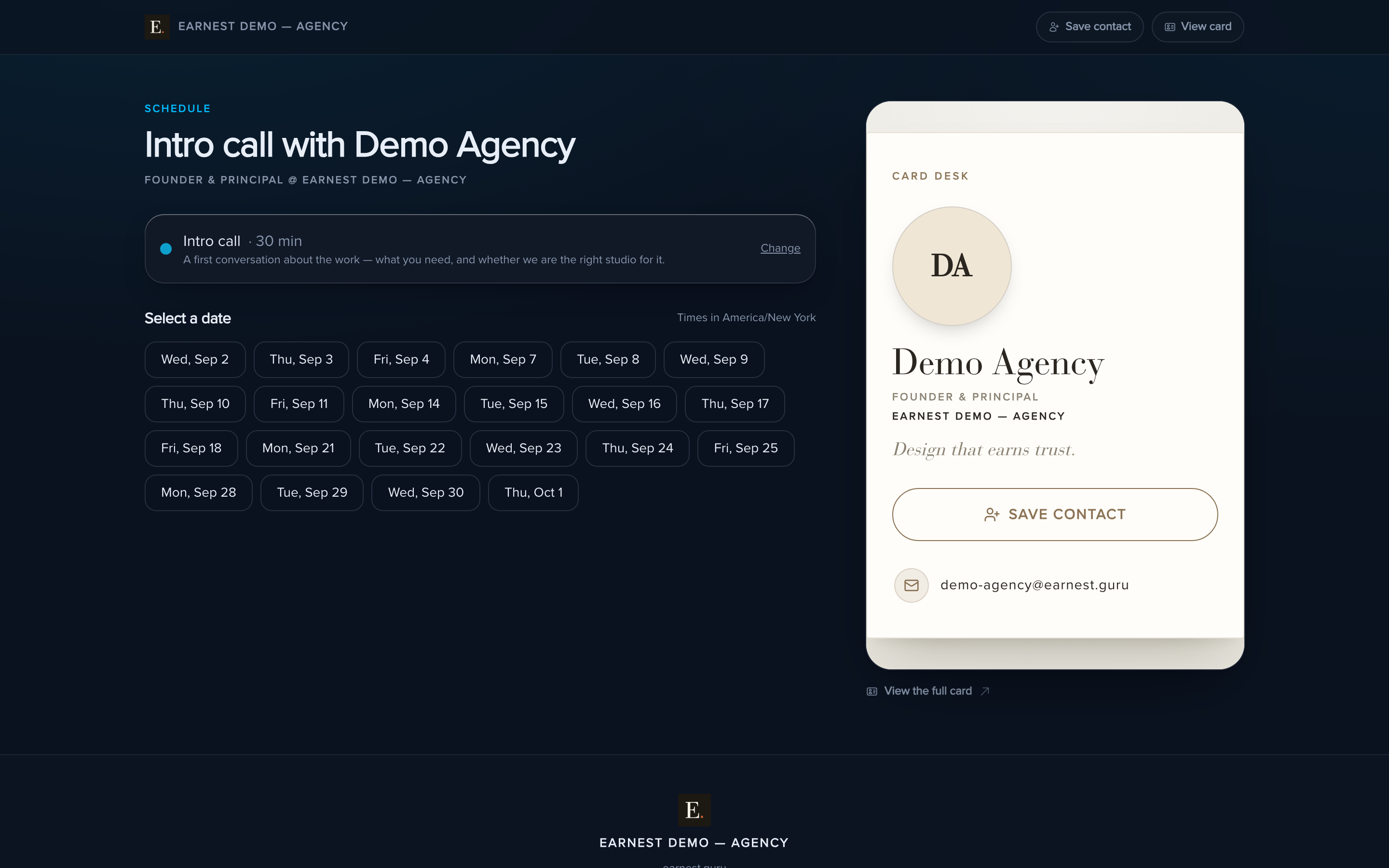 Earnest — a public booking page carrying the host's own card